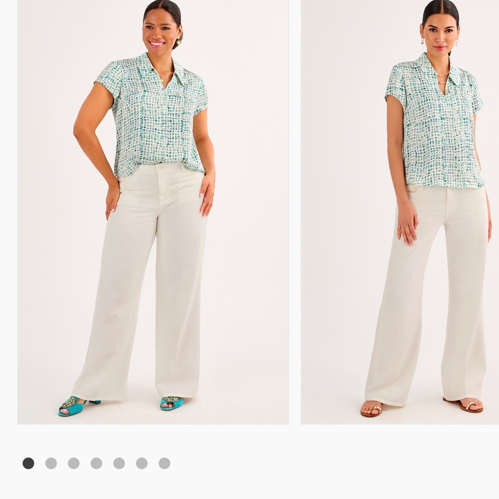 Chic Green and White Blouse with Cream Pants